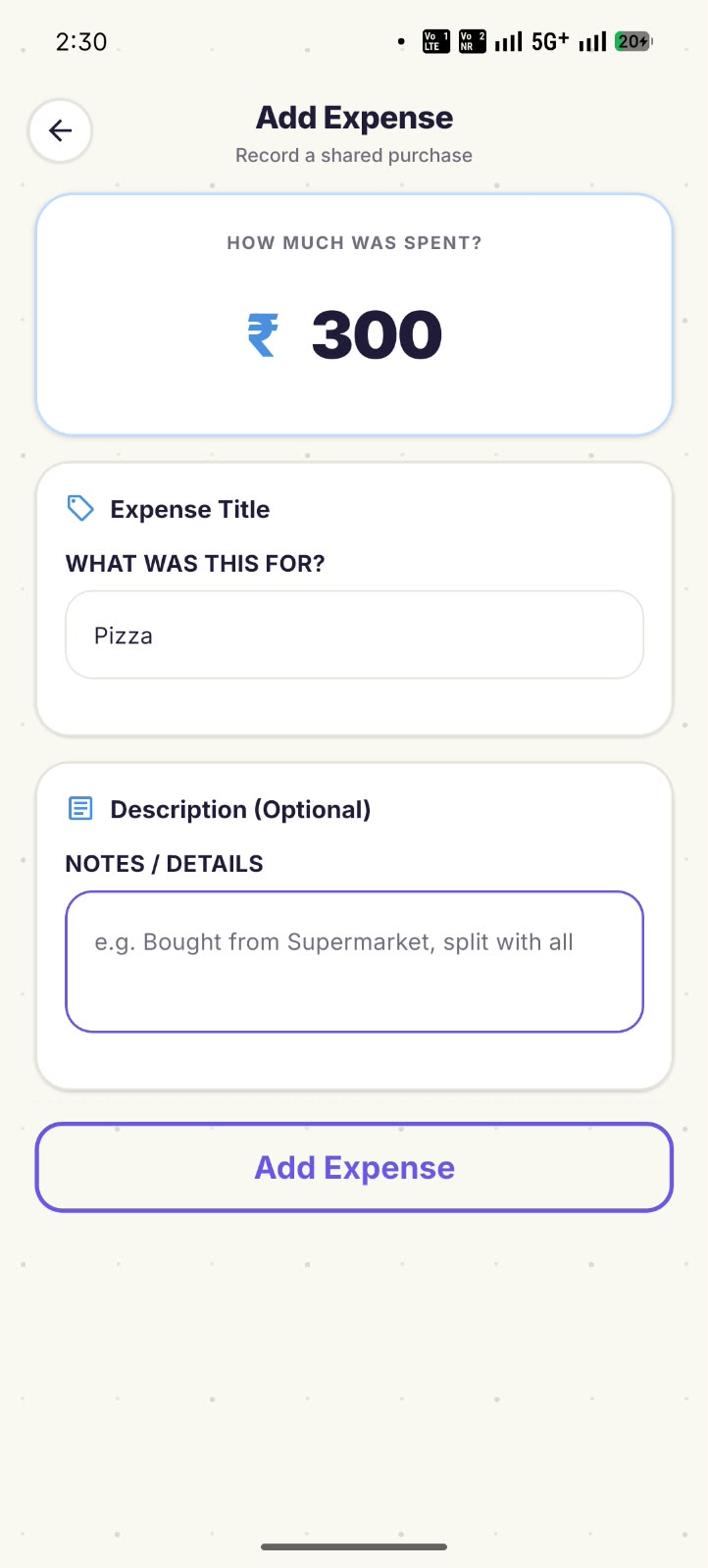OweZone Add Expense Screen