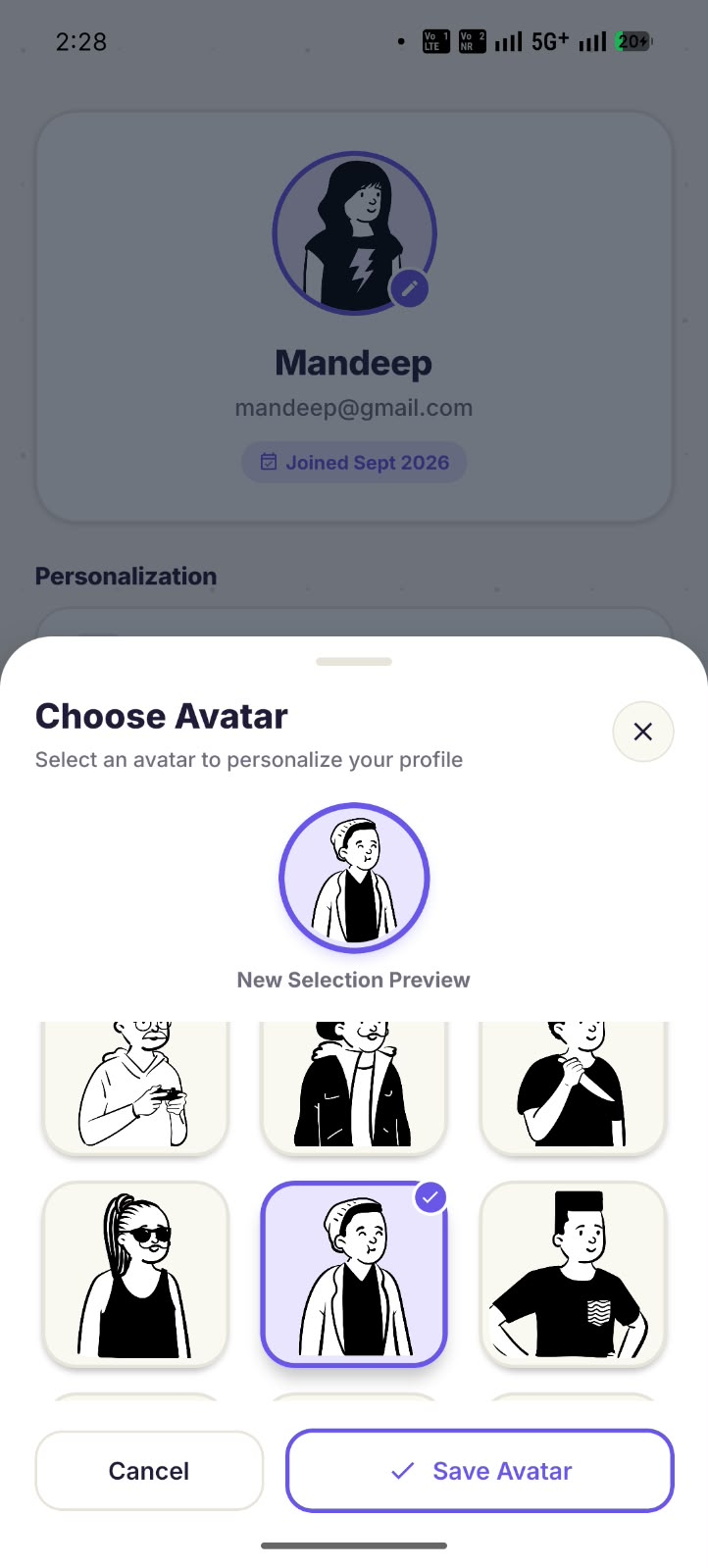 OweZone Choose Avatar Screen