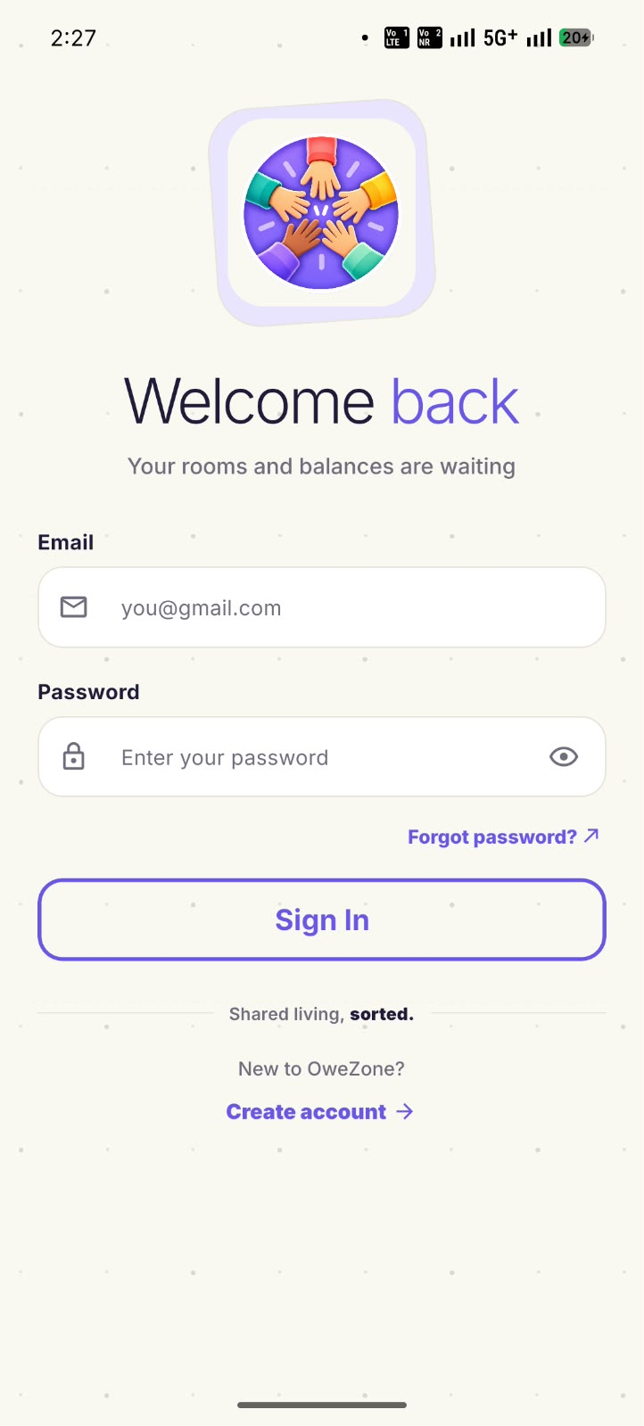 OweZone Login Screen