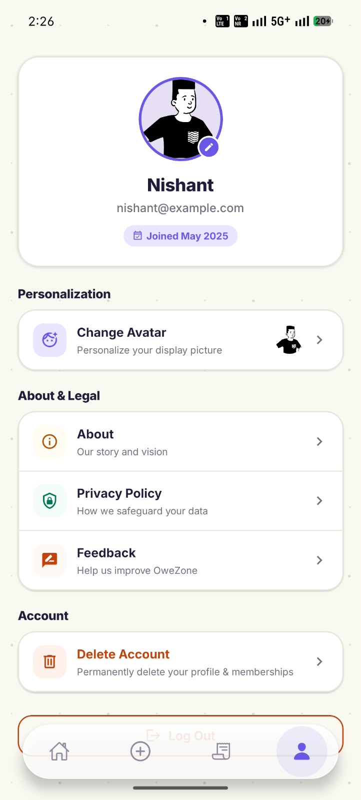 OweZone Profile Screen